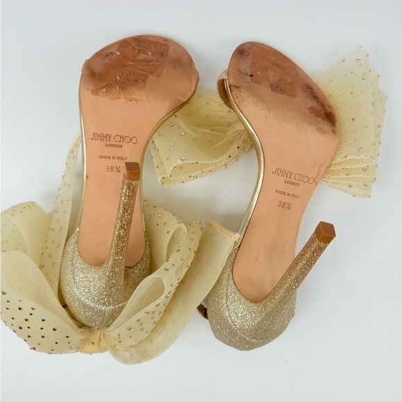 JIMMY CHOO Ivory Gold Aveline 100 bow Crystal embellished bow sandals EU 38.5 - Picture 11 of 13